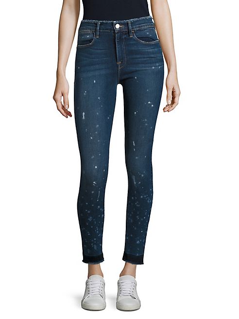 FRAME - Le High Paint Splatter Frayed Skinny Jeans