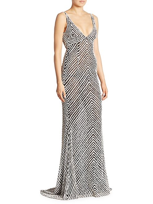 Naeem Khan - Striped V-Neck Gown