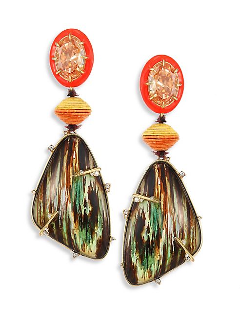 Alexis Bittar - Lucite Large Crystal & Woodgrain Clip-On Earrings