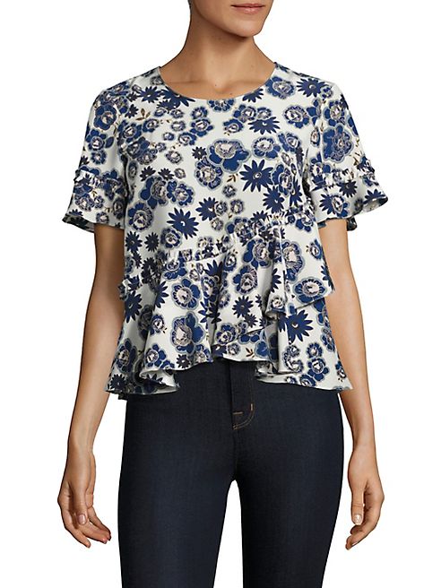 Cinq à Sept - Hydra Floral-Print Peplum Silk Top