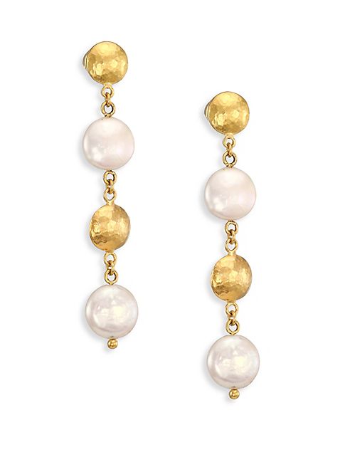 GURHAN - Lentil 13MM White Coin Pearl & 22-24K Yellow Gold Drop Earrings