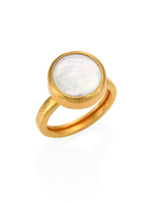 GURHAN - Lentil 13MM White Biwa Pearl & 22-24K Yellow Gold Ring