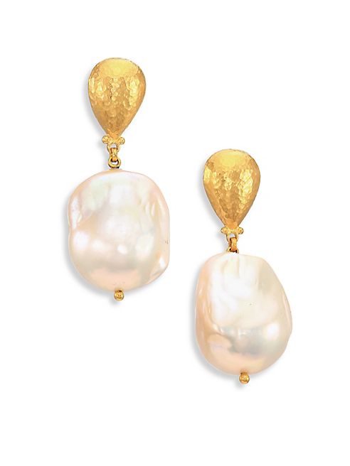 GURHAN - Spell 18MM White Baroque Pearl & 24K yellow Gold Drop Earrings