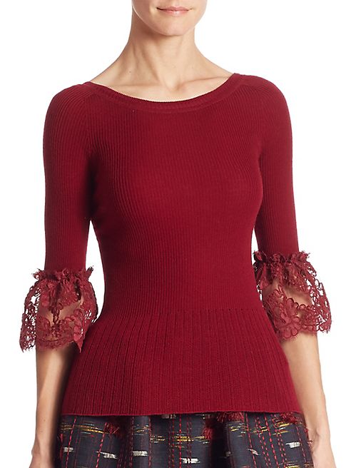 Oscar de la Renta - Low-Back Merino Wool Bell Sleeve Blouse