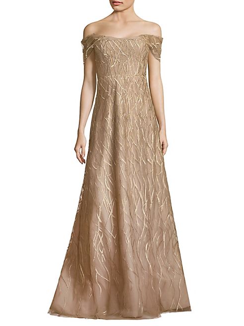 RENE RUIZ - Ribbon Embroidered Off-the-Shoulder Gown