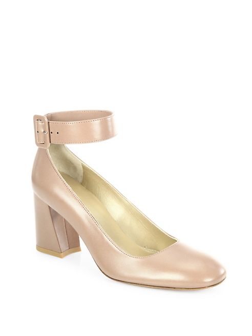 Stuart Weitzman - Clara Mona Leather Ankle-Strap Block Heel Pumps