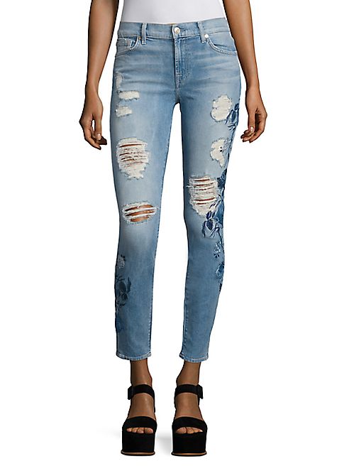 7 For All Mankind - Embroidered Skinny-Fit Distressed Jeans