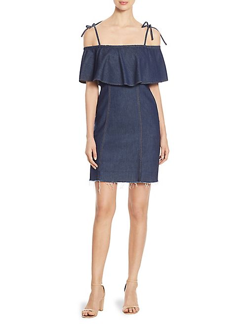 7 For All Mankind - Ruffled Cold-Shoulder Denim Dress