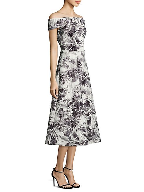 Theia - Floral Printed Off-the-Shoulder Tea Dress