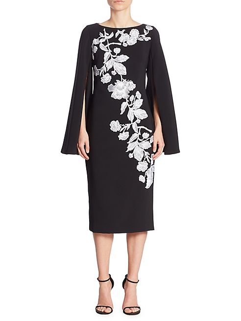 Theia - Cape Sleeve Floral Applique Dress