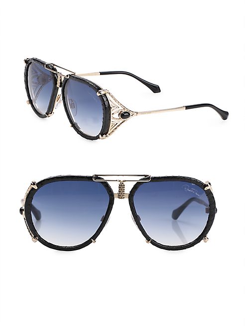 Roberto Cavalli - 57MM Black Onyx & Leather Aviator Sunglasses