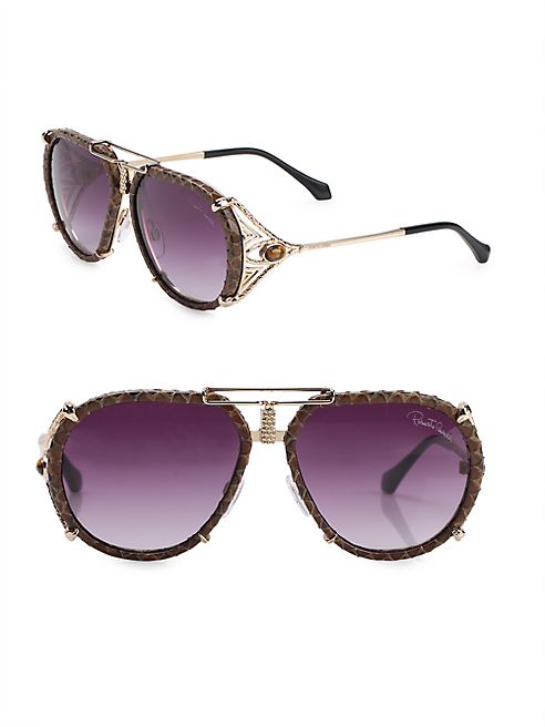 Roberto Cavalli - 57MM Tiger's Eye & Leather Aviator Sunglasses