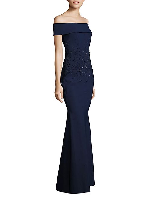 Teri Jon by Rickie Freeman - Scuba Embellished Off-The-Shoulder Gown