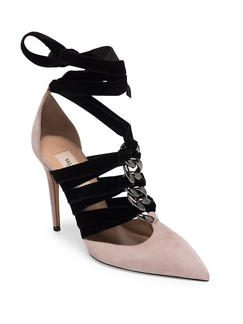 Valentino - Suede & Velvet Ankle-Wrap Pumps