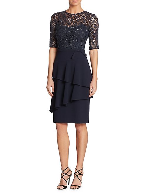 Teri Jon by Rickie Freeman - Beaded Crepe & Lace Sheath Dress