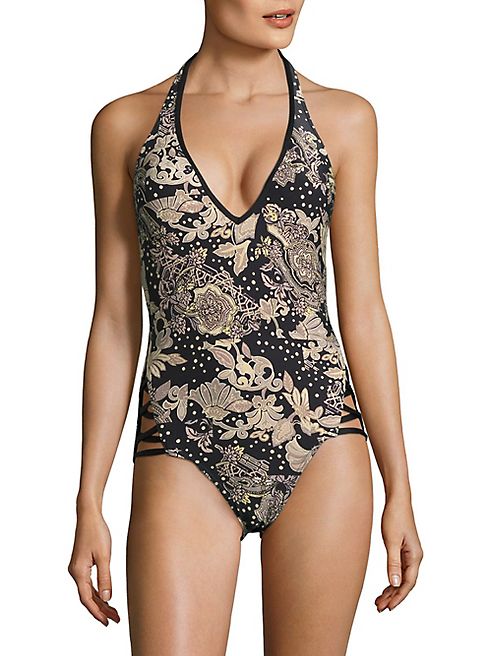 Carmen Marc Valvo - Ornamental Floral Halter One-Piece Swimsuit