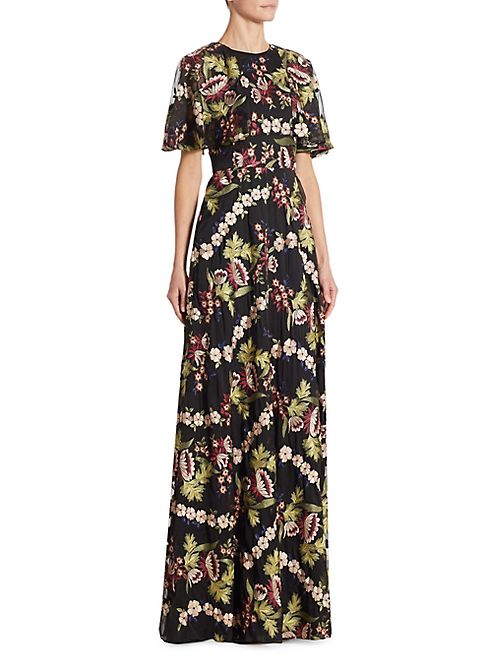 ML Monique Lhuillier - Embroidered Chiffon Cape Gown