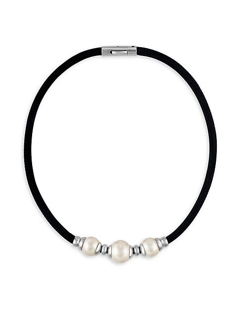 Majorica - 12-14MM White Baroque Pearl & Leather Necklace