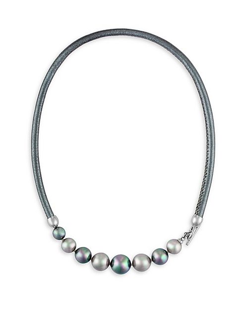 Majorica - 9-12MM Nuage and Grey Pearl and Leather Graduated Necklace