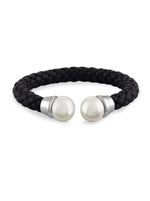 Majorica - 14MM White Pearl & Braided Leather Bangle