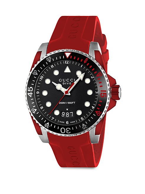 Gucci - Gucci Dive Stainless Steel & Red Rubber Strap Watch