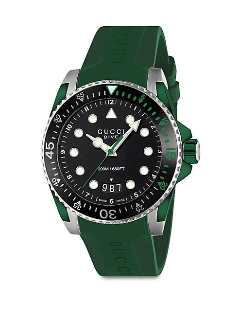 Gucci - Gucci Dive Stainless Steel & Green Rubber Strap Watch