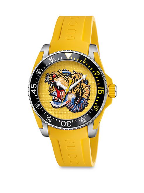 Gucci - Gucci Dive Stainless Steel & Yellow Rubber Strap Watch