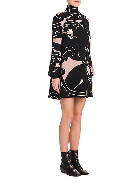 Valentino - Panther-Print Silk Tie-Neck Dress