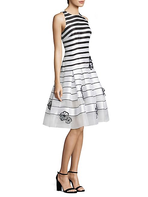 Carmen Marc Valvo - Embellished Striped Drop-Waist Dress