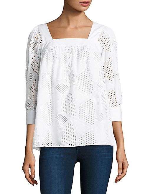 MILLY - Three-Quarter Sleeve Cotton Eyelet Top