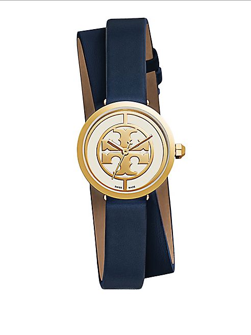 Tory Burch - Logo Reva Stainless Steel Double Wrap Leather Strap Watch