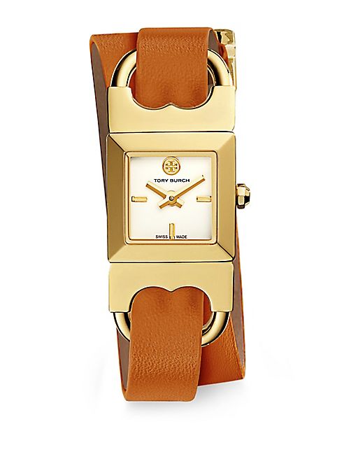 Tory Burch - Double T Link Duo Strap Goldtone Stainless Steel and Parrot Leather Strap Watch