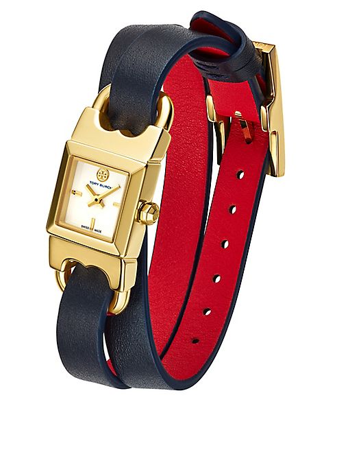 Tory Burch - Double T Link Duo Strap Goldtone Stainless Steel and Parrot Leather Strap Watch