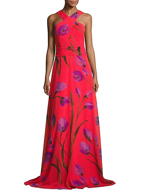 David Meister - Cross Neck Halter Floral-Printed Gown