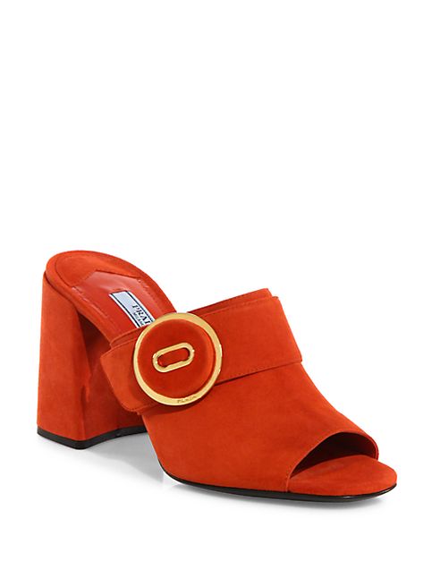 Prada - Suede Button Block Heel Mules