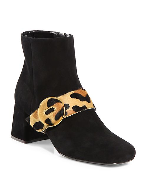 Prada - Suede & Leopard-Print Calf Hair Button Block Heel Booties