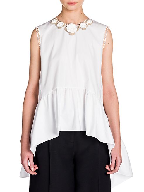 Fendi - Leather-Appliqué  Ruffled Cotton Hi-Lo Blouse