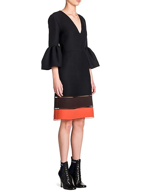 Fendi - Colorblock Bell Sleeve V-Neck Dress