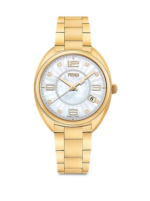 Fendi - Momento Fendi Diamond, Mother-Of-Pearl & Goldtone Stainless Steel Bracelet Watch