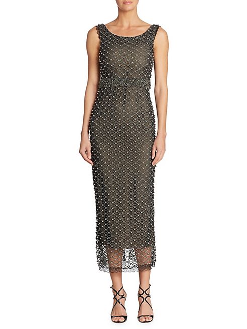 Marchesa Notte - Beaded Metallic Crochet Tank Gown