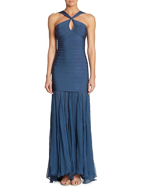 Herve Leger - Mixed Media Bandage Halter Gown