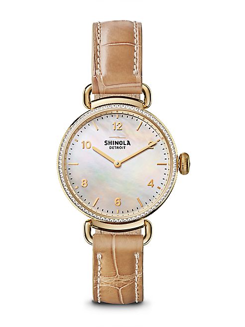 Shinola - Canfield Diamond, Mother-Of-Pearl, Goldtone Stainless Steel & Alligator Strap Watch