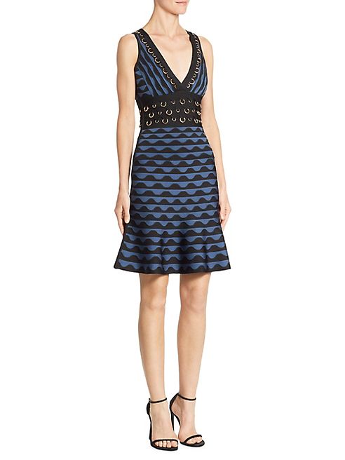 Herve Leger - Deep V-Neck Jacquard Dress