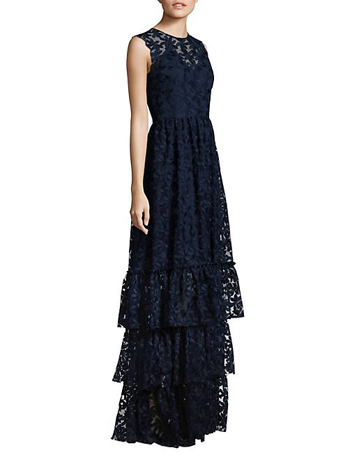 Shoshanna - MIDNIGHT Daisy Embroidered Tiered Skirt Gown