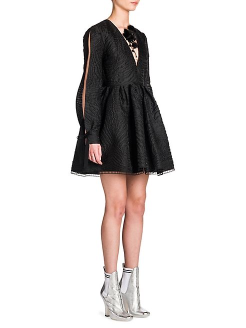 Fendi - Open Sleeve Fur & Crystal-Embellished Cloqué Fit-&-Flare Dress