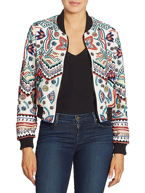 Alice + Olivia - Lonnie Embellished Cropped Silk Bomber Jacket