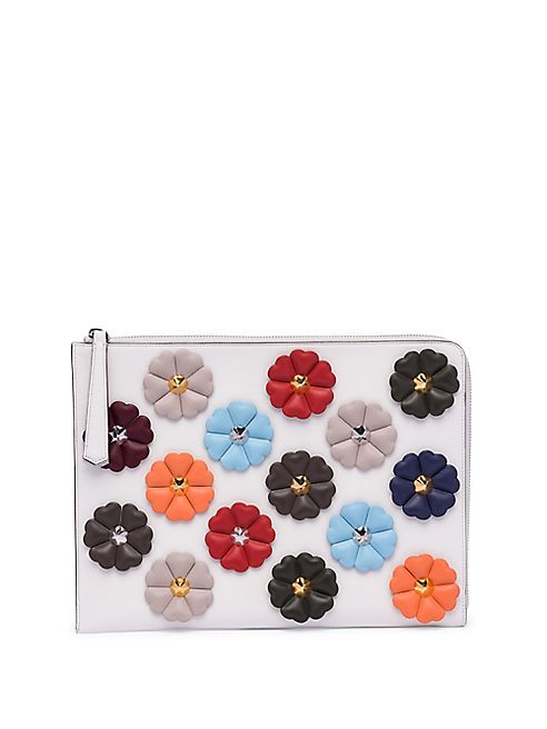 Fendi - Flower-Embellished Leather Clutch