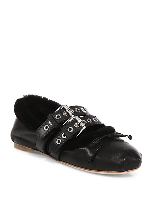 Miu Miu - Double-Strap Leather & Shearling Ballet Flats