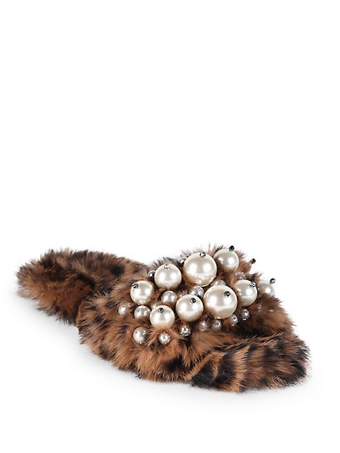 Miu Miu - Embellished Leopard-Print Rabbit Fur Slides