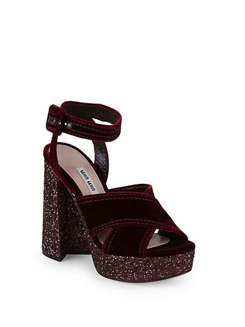 Miu Miu - Glitter & Velvet Platform Ankle-Strap Sandals